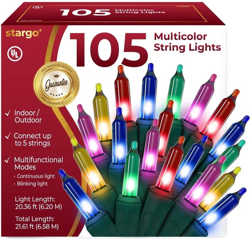 stargo Warm Multi Color Christmas Lights - 20 ft String of 105 Incandescent Mini Bulbs Multifunctional Lighting Modes, for Decorative, Bedroom, Outdoor, Xmas Twinkle Tree Lights with Green Wire Total 21.6 ft - Image 1